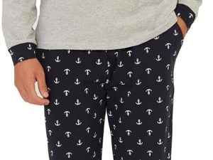 Mens Henley Pajama Set, Soft Cotton Long-Sleeve T-Shirt & Pants 2-pieces PJ Set for Sleeping