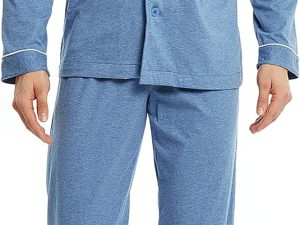 Mens Pajamas Set Soft Cotton Notched Collar Pajamas for Men Long Sleeve Mens Sleepwear with Pockets & Front Fly
